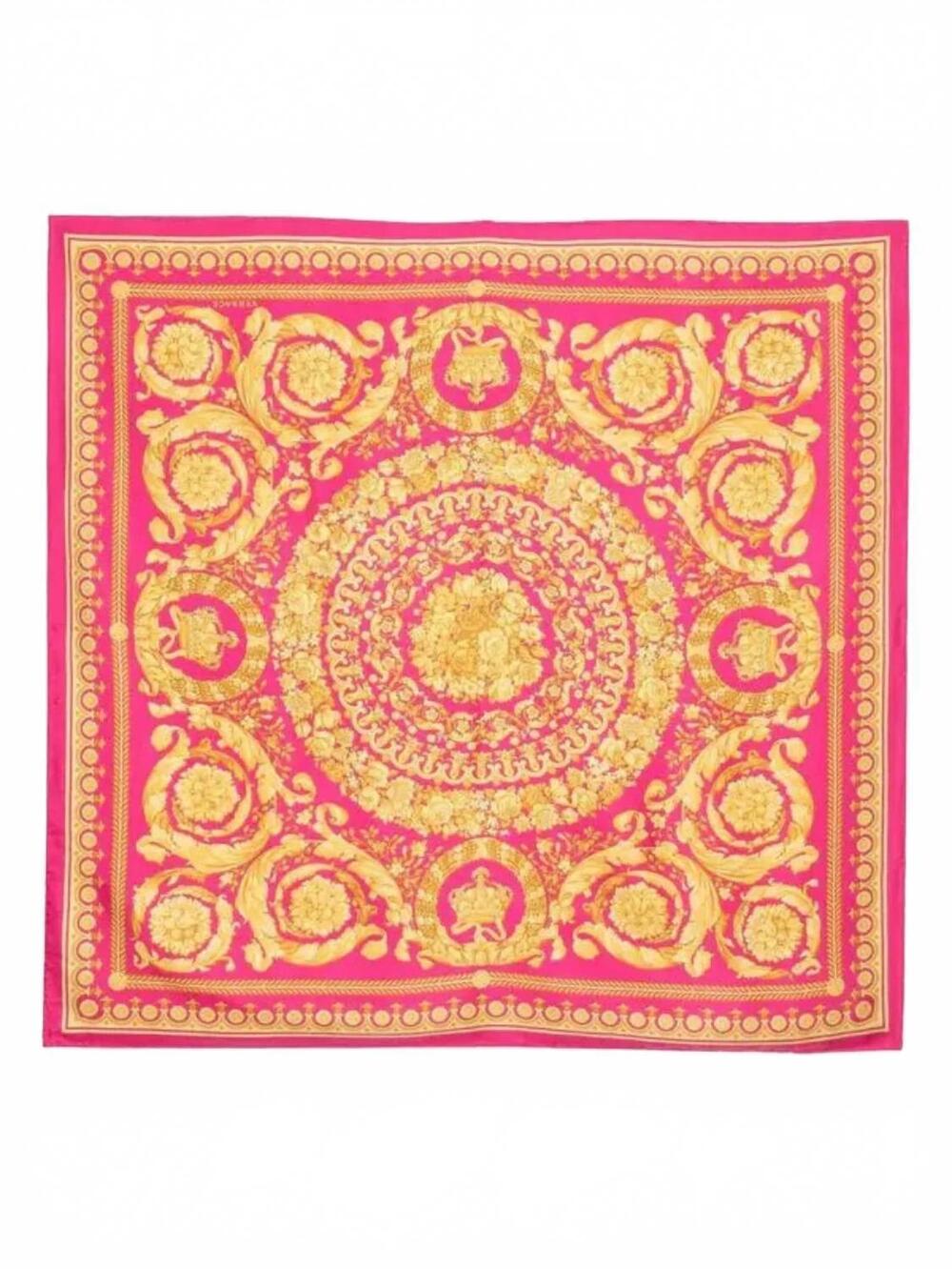 NEW VERSACE women's baroque-inspired silk scarf in fuchsia and gold